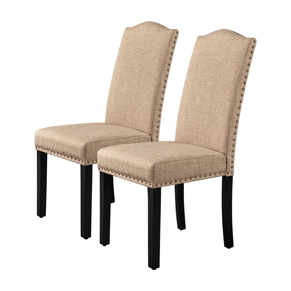 Tufted High Back Dining Chair with Solid Wood Legs, Set of 2, Khaki