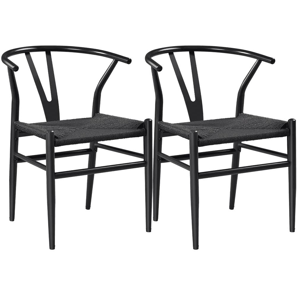 Mid-Century Metal Weave Dining Chair with Y-Shaped Backrest, 2PCS, Full Black