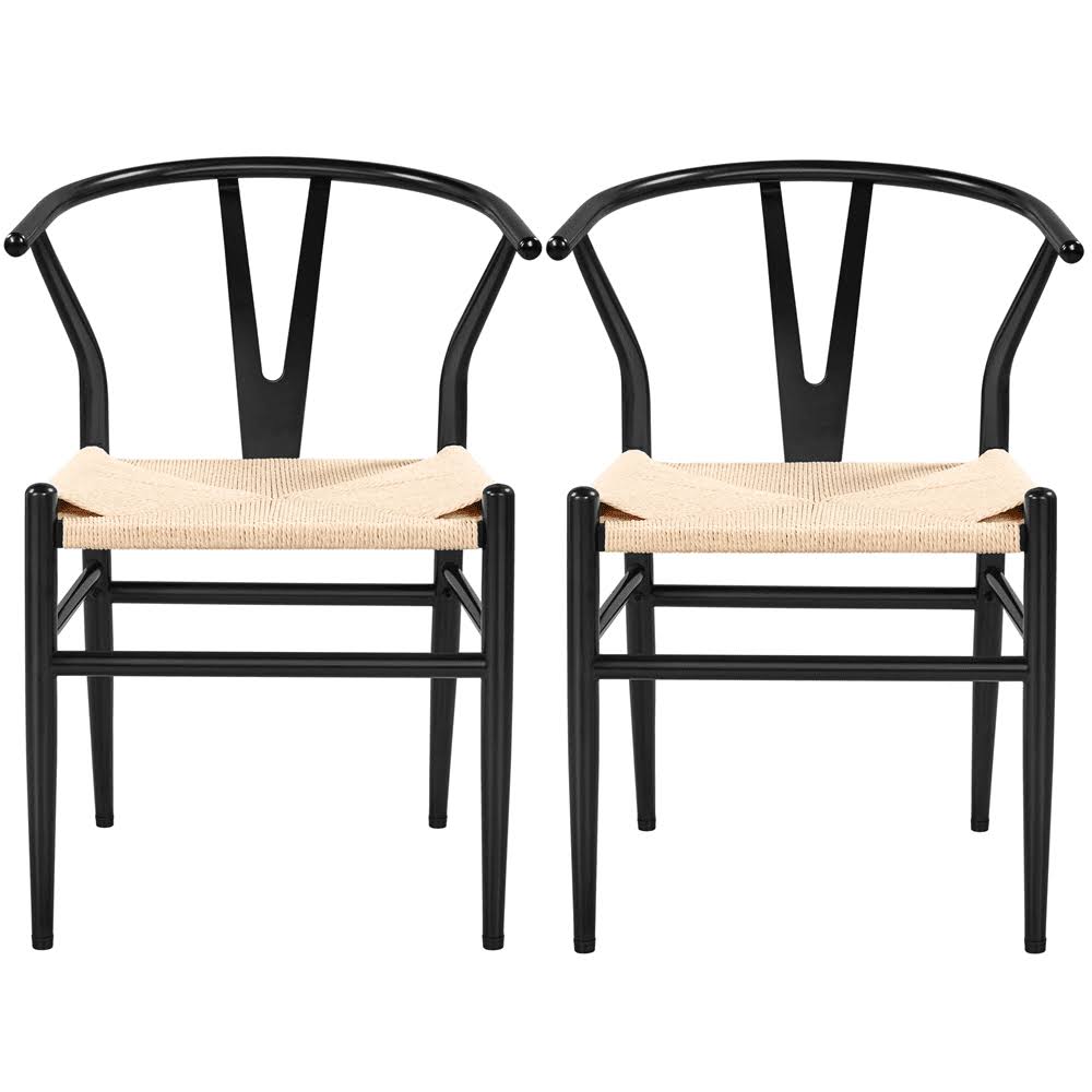 Mid-Century Metal Dining Chairs with Woven Hemp Seat, Set of 2, Black