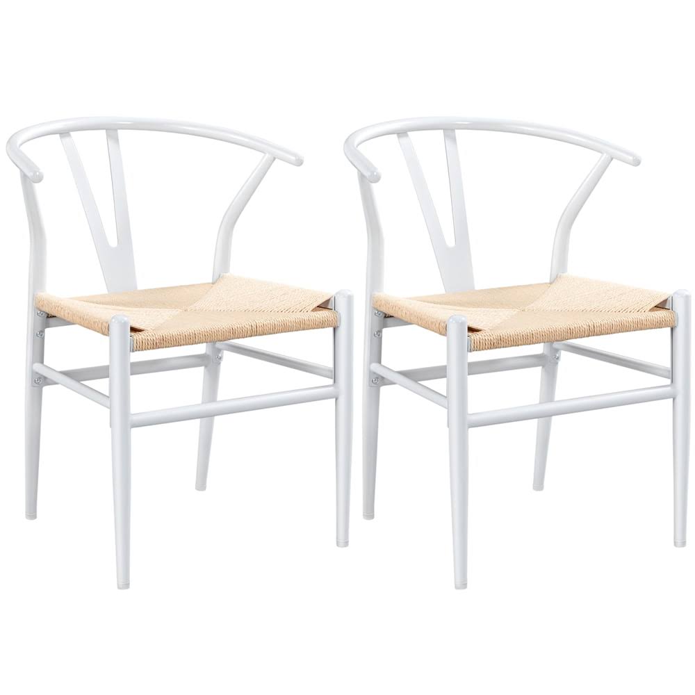 Mid-Century Metal Dining Chairs with Woven Hemp Seat, Set of 2, White