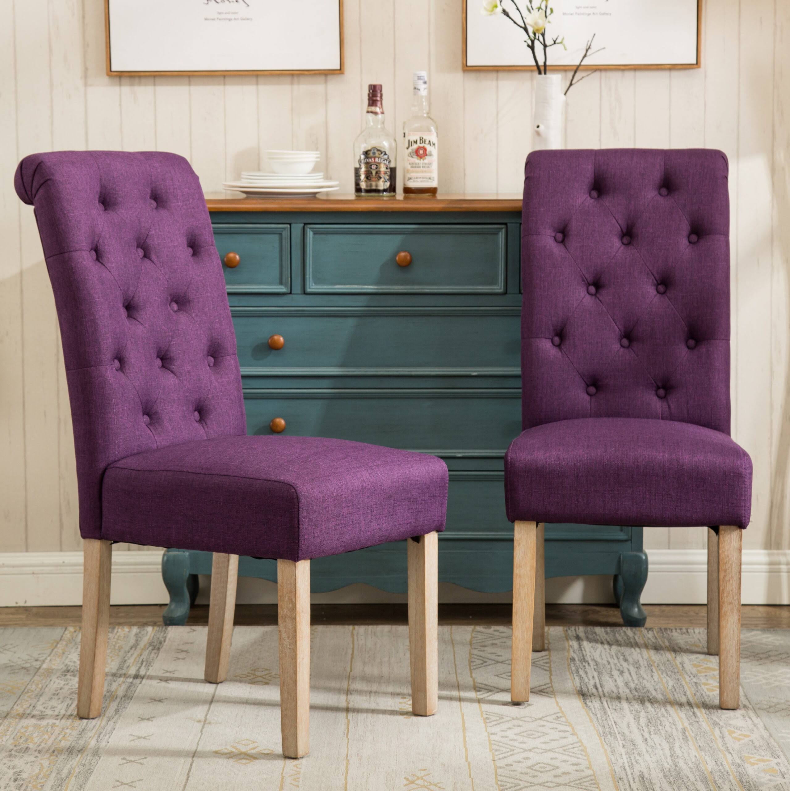 Habit Contemporary Parsons Chair, Set of 2, Fabric and Solid Rubberwood, Purple
