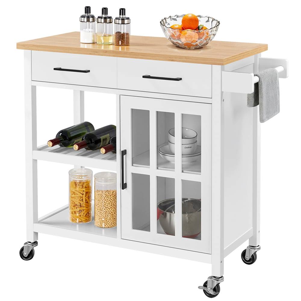 Mobile Kitchen Island Kitchen Cart with Bamboo Top and Storage   Tempered Glass Cabinet Door, White