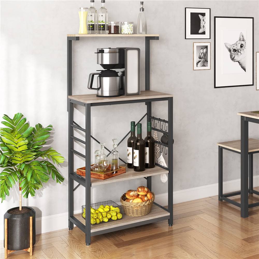 Kitchen Baker s Rack Utility Storage Shelf Microwave Stand Cart on Wheels with Side Hooks, Gray