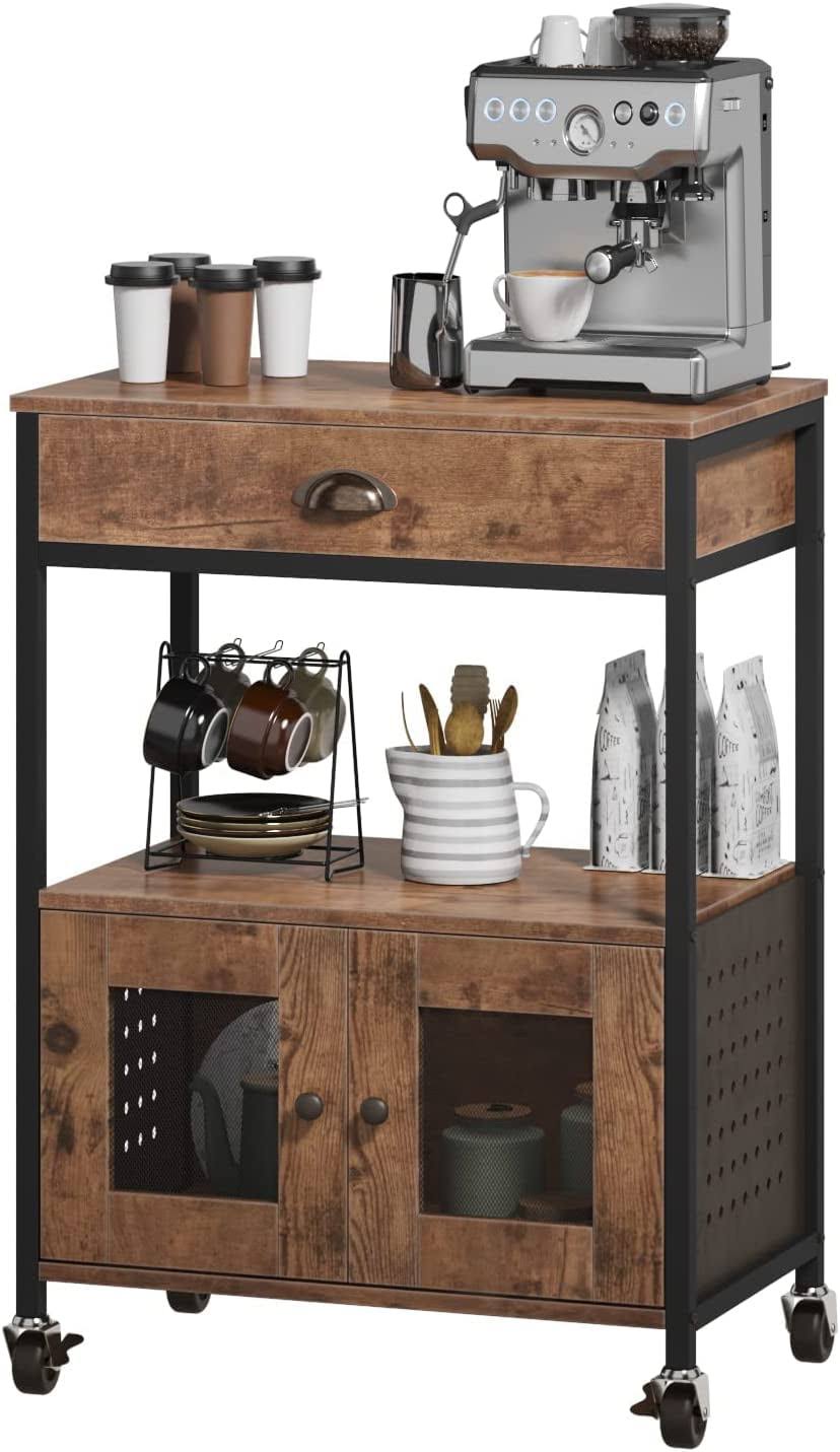 Kitchen Bakers Rack, Industrial Microwave Oven Stand with Shelf, Coffee Bar Cart Kitchen Island on Wheels with Storage, Rustic Brown