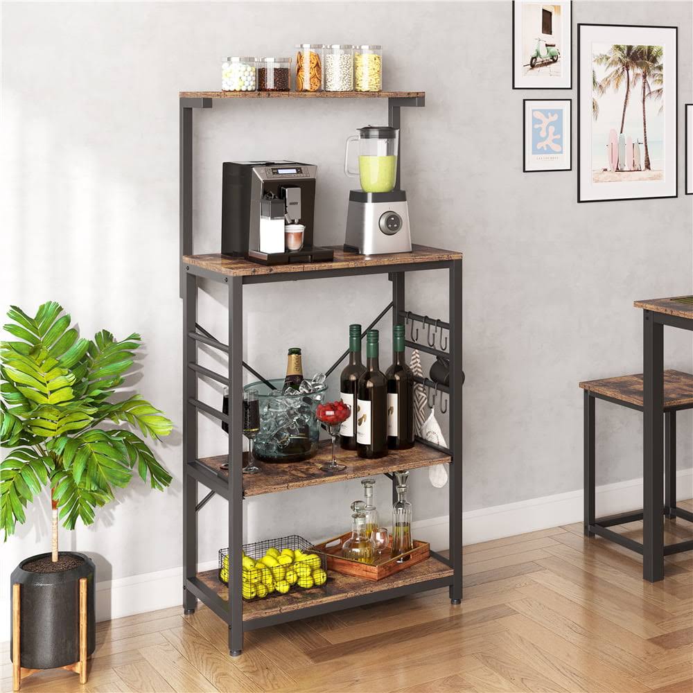 Kitchen Baker s Rack Utility Storage Shelf Microwave Stand Cart on Wheels with Side Hooks, Rustic Brown