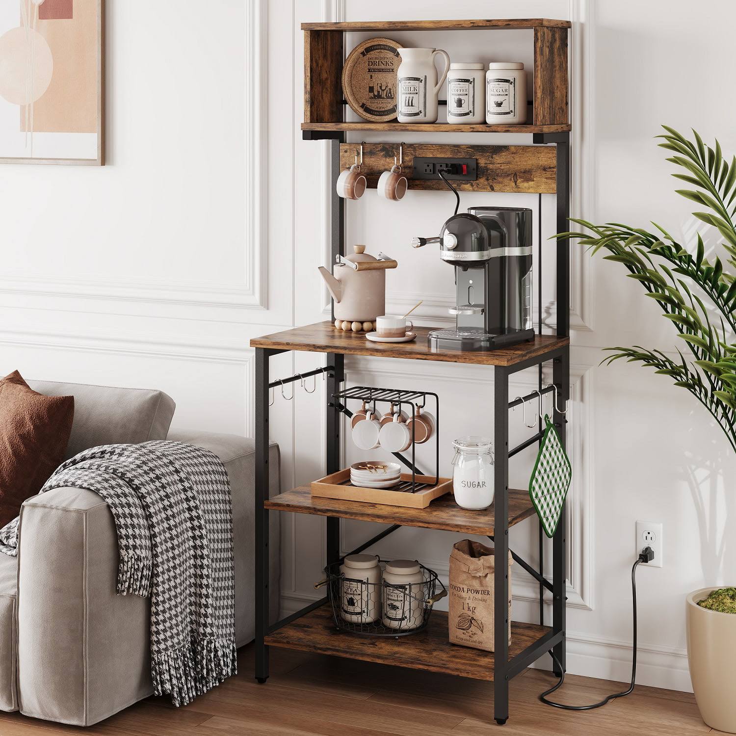 Bestier 60.3 inch 5-Tier Kitchen Bakers Rack with Power Outlets Wood Kitchen Rack in Rustic