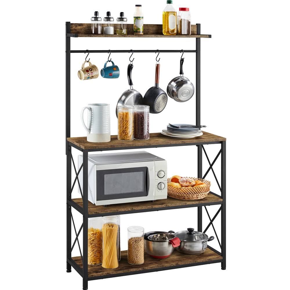 4-Tier Bakers Rack Kitchen Storage Shelf with S-Hooks, Rustic Brown