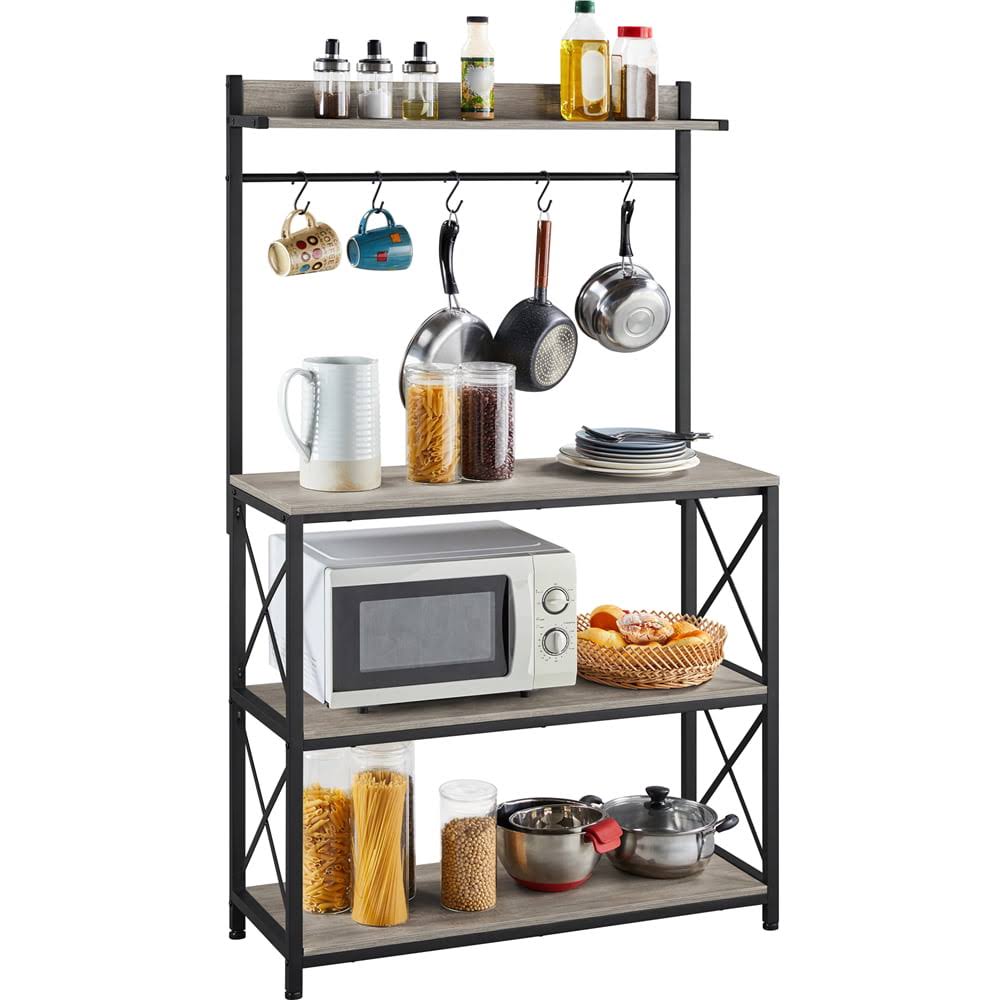 4-Tier Bakers Rack Kitchen Storage Shelf with S-Hooks, Gray