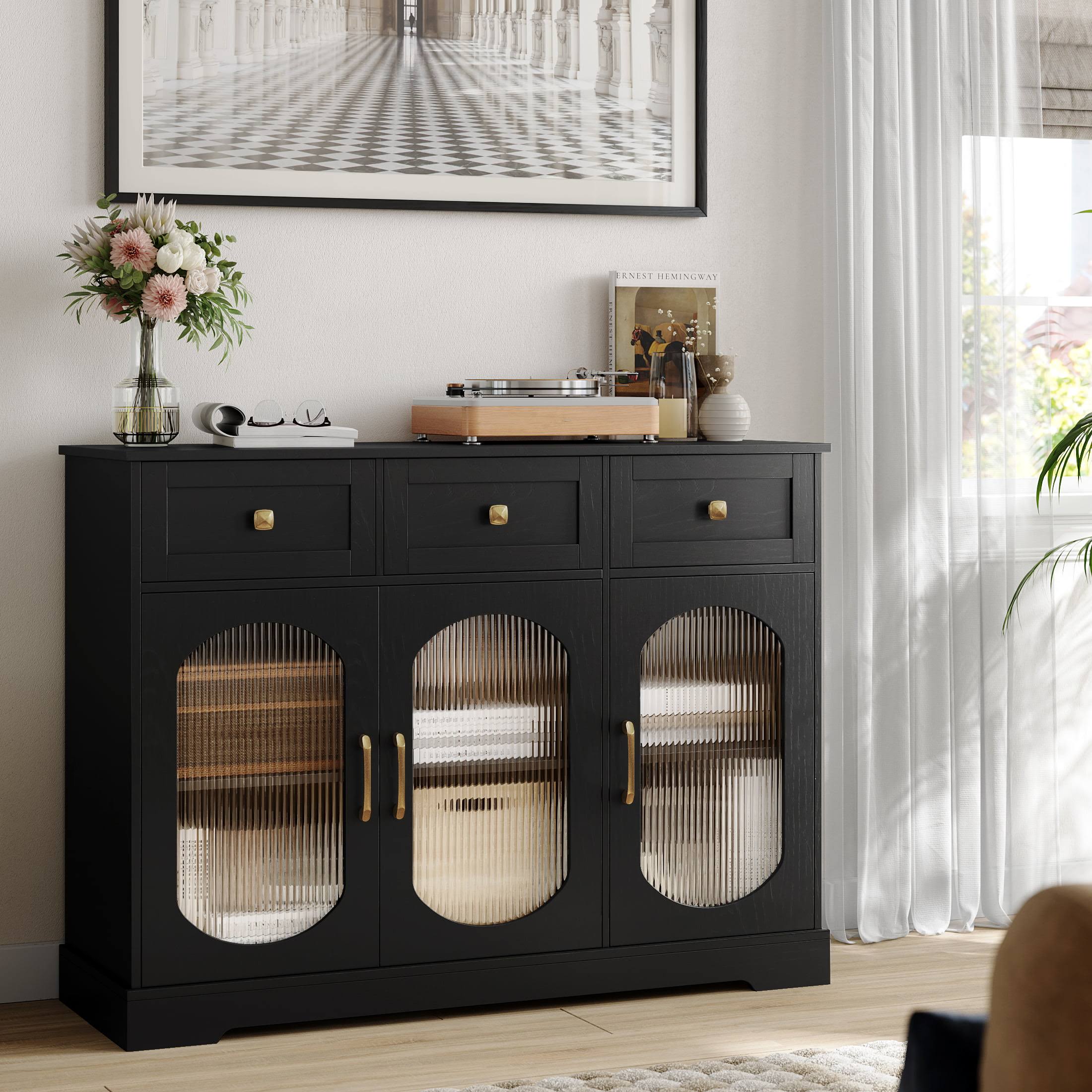 3 Drawer Buffet Cabinet with 3 Curved Glass Doors, 47.2 W Kitchen Sideboard with Adjustable Shelf, Black