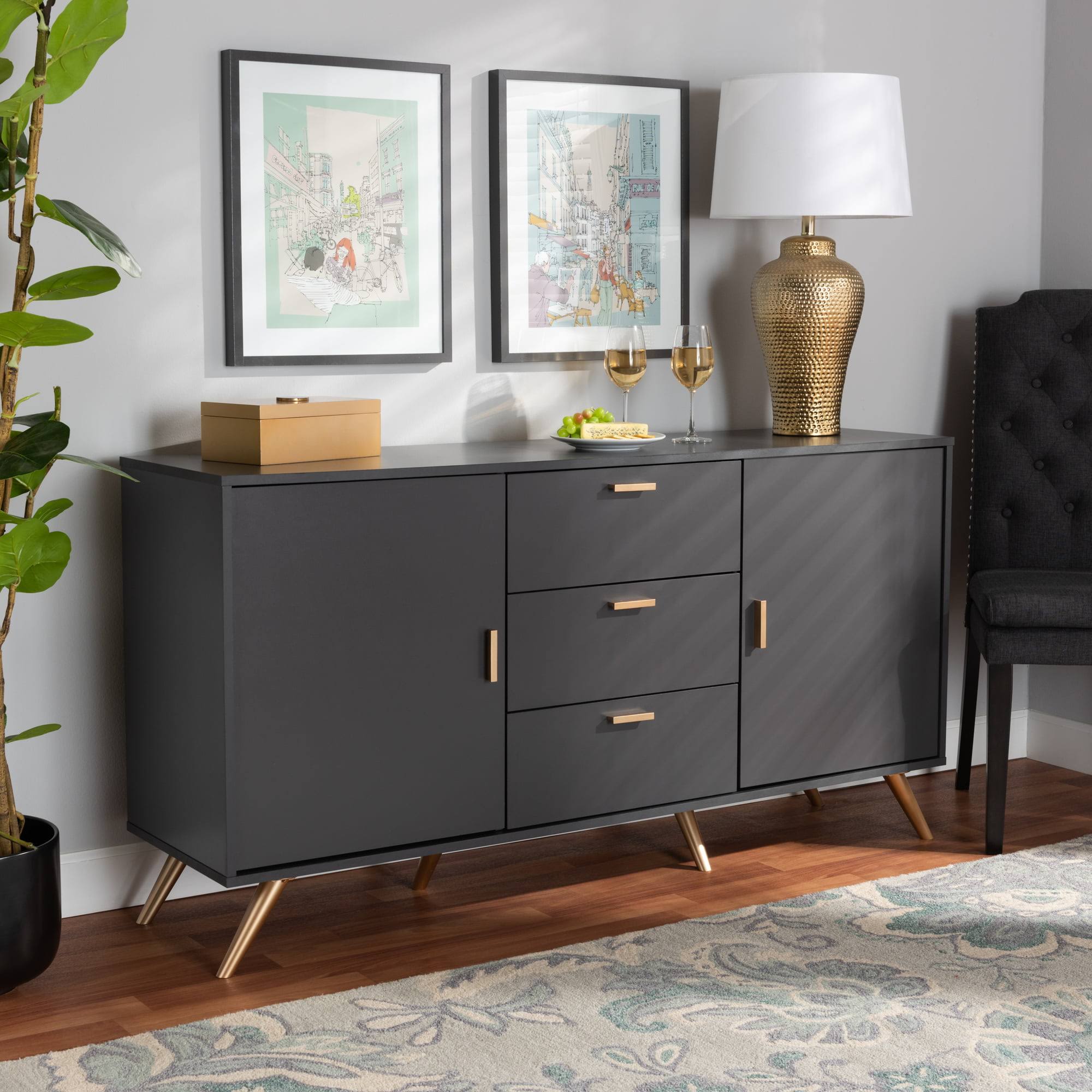 Kelson Modern and Contemporary Dark Grey and Gold Finished Wood 2-Door Sideboard Buffet