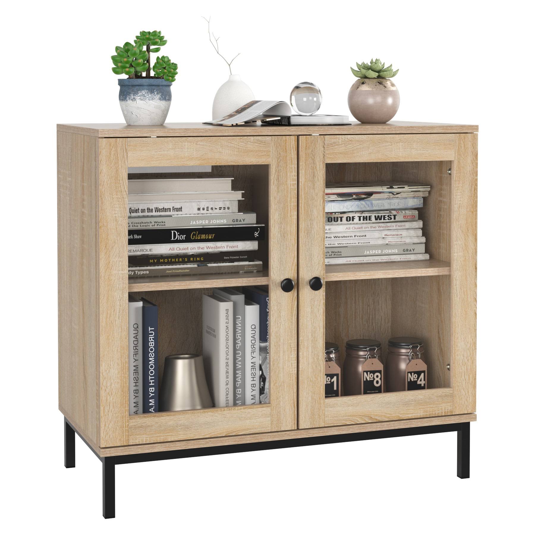 Wide Accent Cabinet with Glass Doors, Adjustable Shelves Display Cabinet with Metal Base, Oak