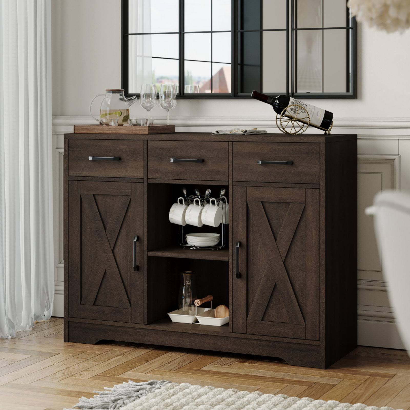 41.7  Wide Kitchen Buffet with 3 Drawers, Wooden Sideboard Cabinet with 2-Tier Adjustable Shelves, Dark Brown