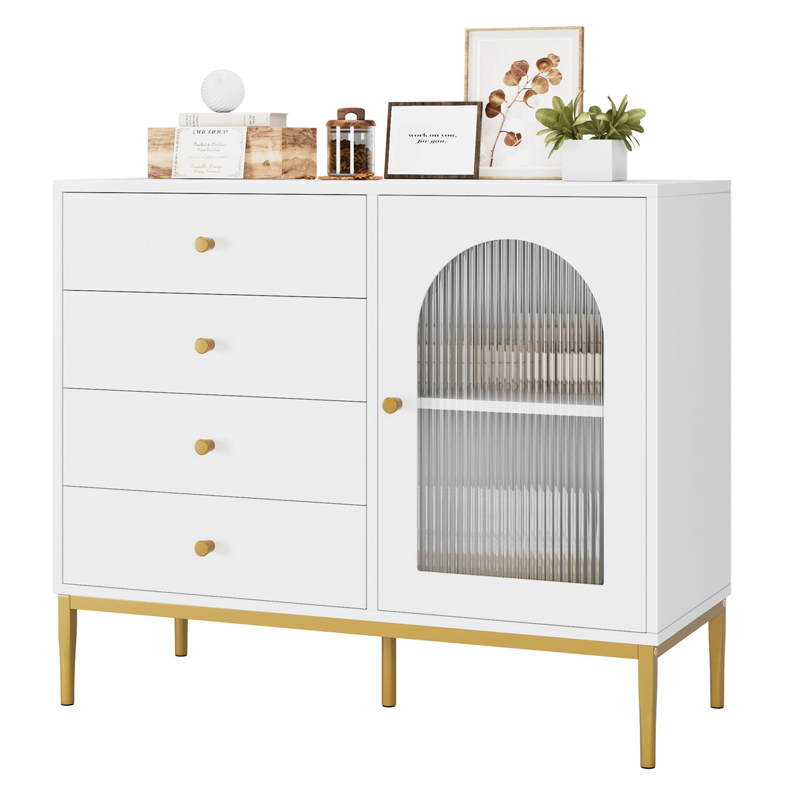 4 Drawer Storage Cabinet, Modern Wooden Cupboard with Frosted Glass for Living Room, White Finish
