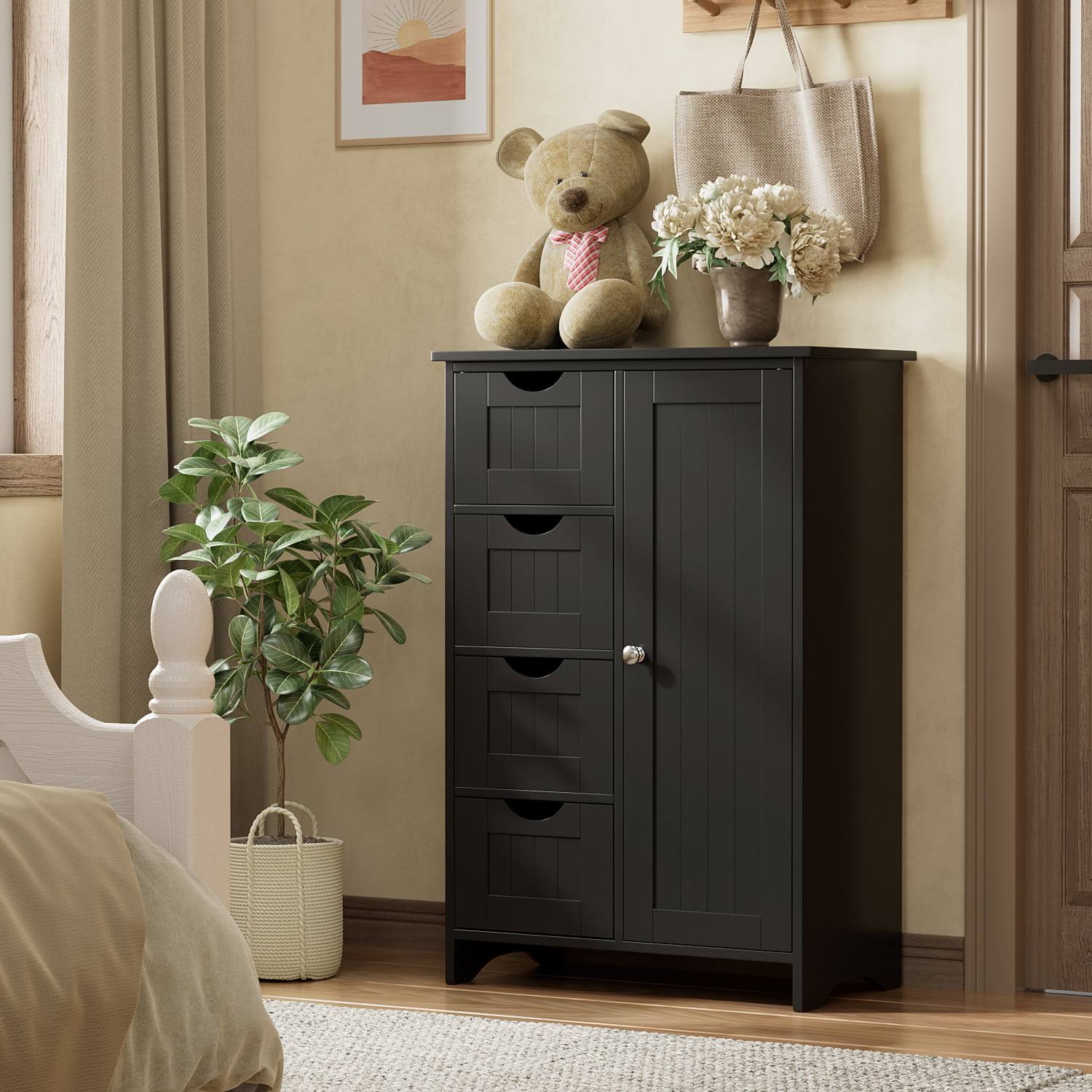 Homall Wooden Bathroom Cabinet, Freestanding Storage Cabinet with 4 Drawers and 1 Cupboard, Side Storage Organizer Cabinet for Bathroom, Entryway, Home and Kitchen (Black)