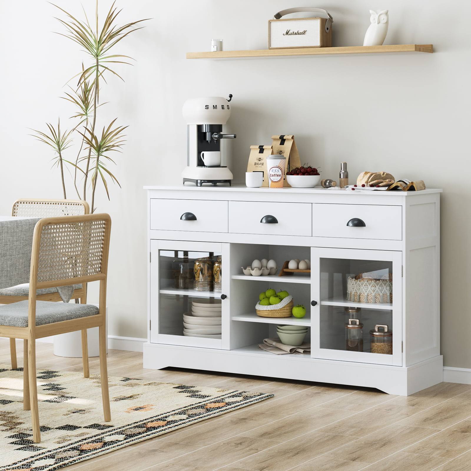Sideboard Buffet, 53  Wide Kitchen Cupboard Storage Cabinet with 3 Drawers, White