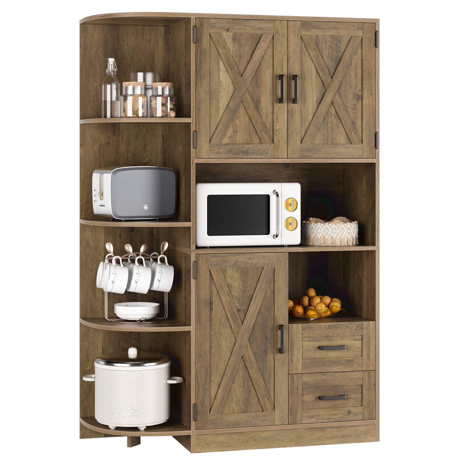 Pantry Storage Cabinet with Adjustable Shelves, Freestanding Tall Wooden Buffet Sideboard for Kitchen and Dining Room, Rustic Brown
