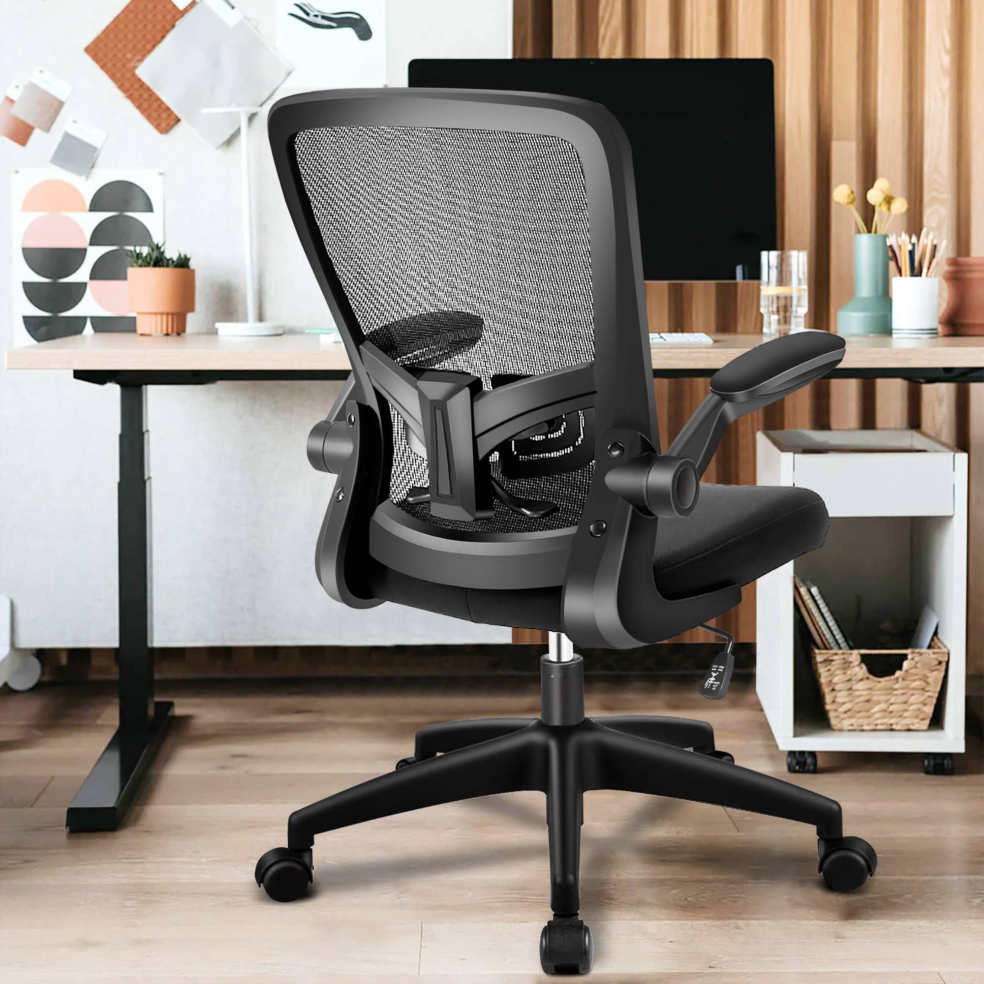 Coolhut Ergonomic Office Chair, Comfort Desk Chair with Adjustable Lumbar Support and Flip up Arms, 300lb, Black