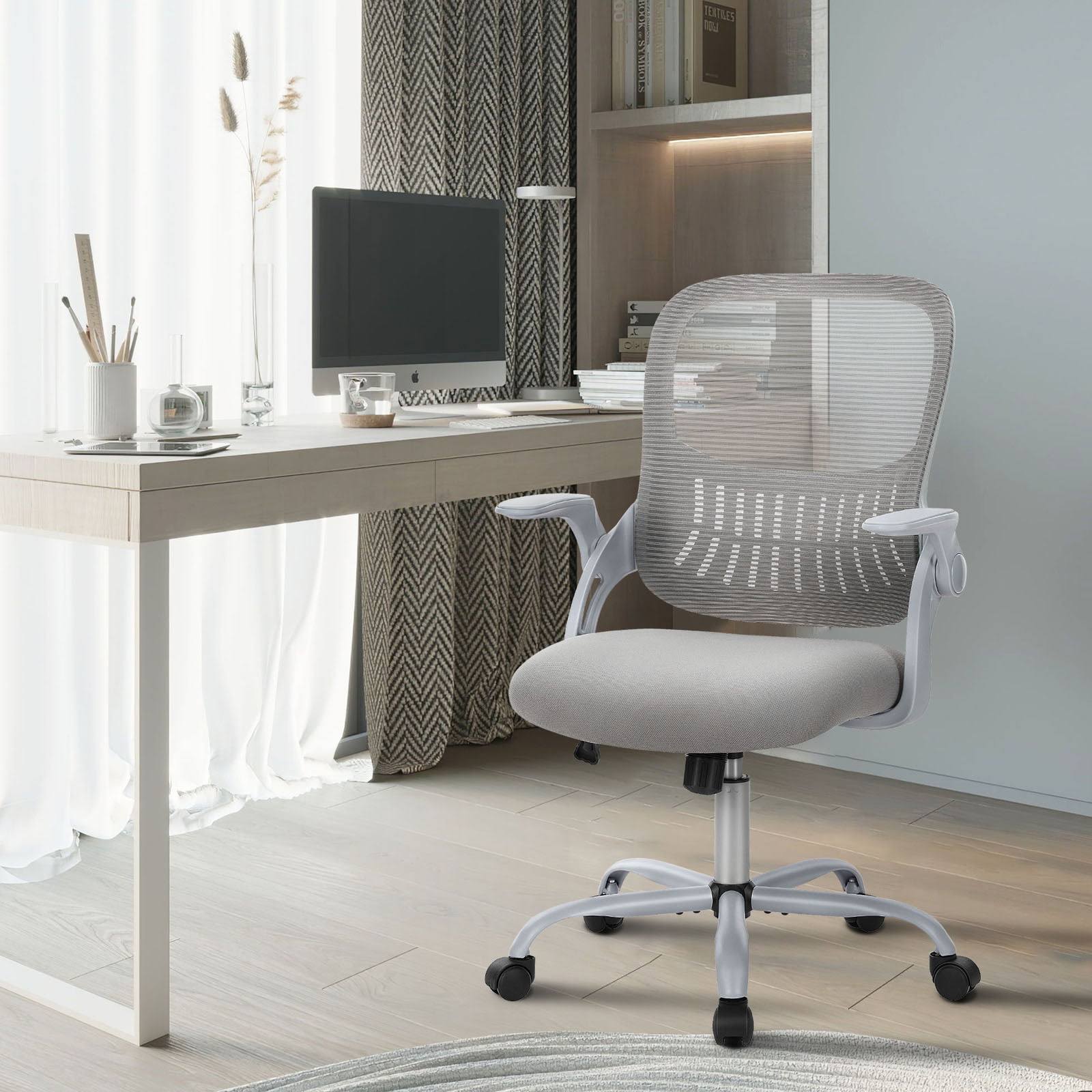 Yoyomax Office Chair, Ergonomic Home Office Desk Chairs, Computer Chair with Comfortable Armrests, Mesh Desk Chairs with Wheels, Mid-Back Task Chair with Lumbar Support, Flipped up Armrests, Gray