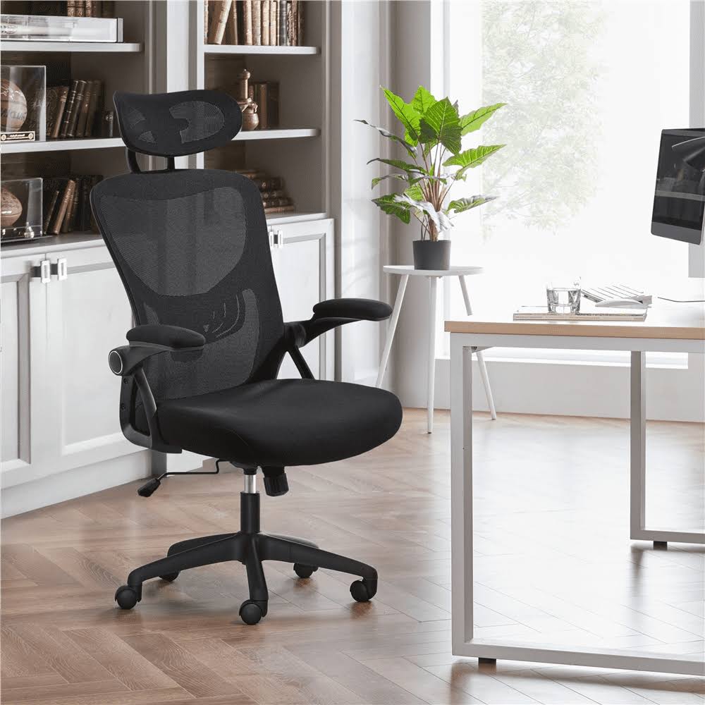 Adjustable High Back Mesh Office Chair with Folding Padded Armrests, Black