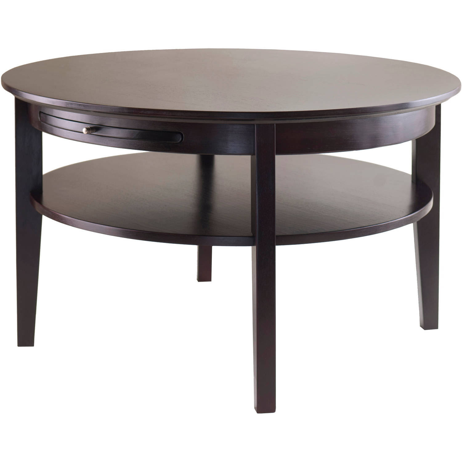 Wood Amelia Round Coffee Table with Pull-Out Tray, Espresso Finish