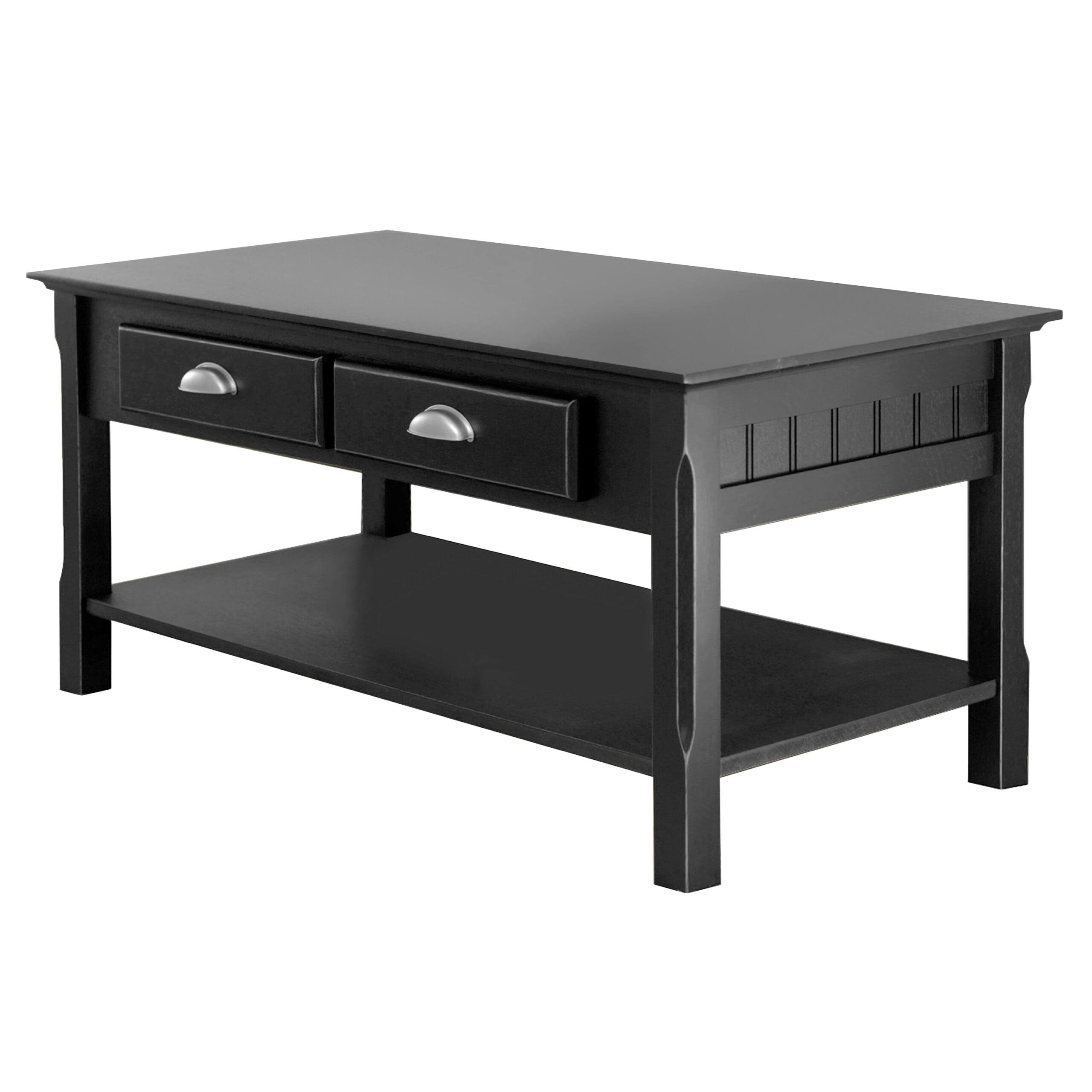 Wood Timber Coffee Table with Two Drawers, Black Finish