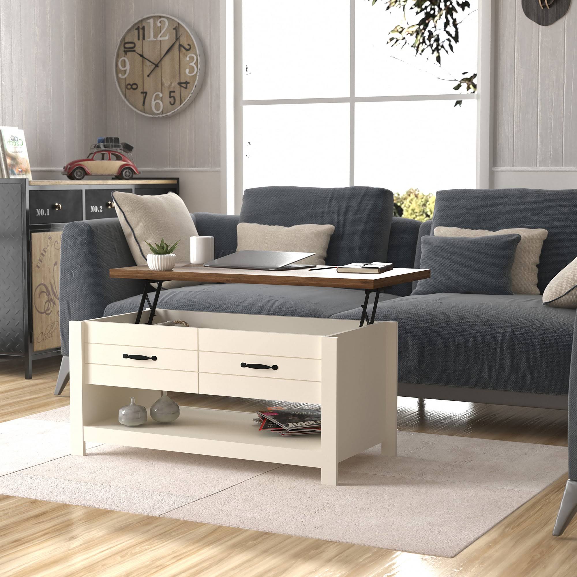 Lancaster Farmhouse Wood Lift Top Coffee Table, Ivory/Oak