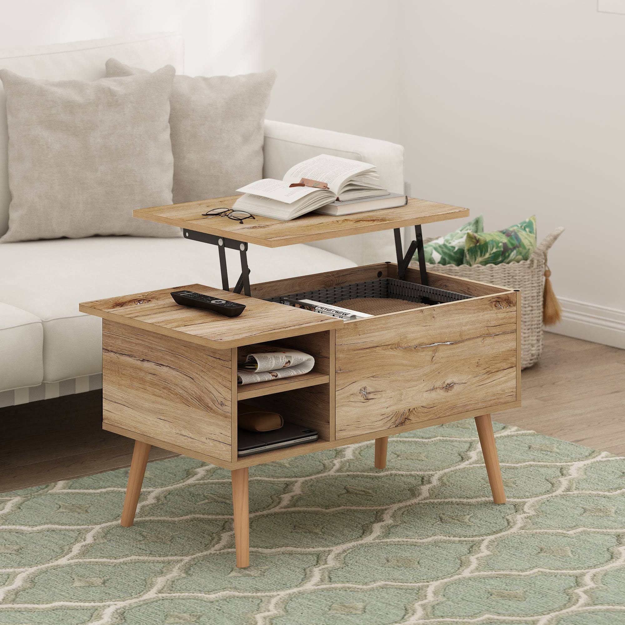 Jensen Living Room Wooden Leg Lift Top Coffee Table With Hidden Compartment and Side Open Storage Shelf, Flagstaff Oak