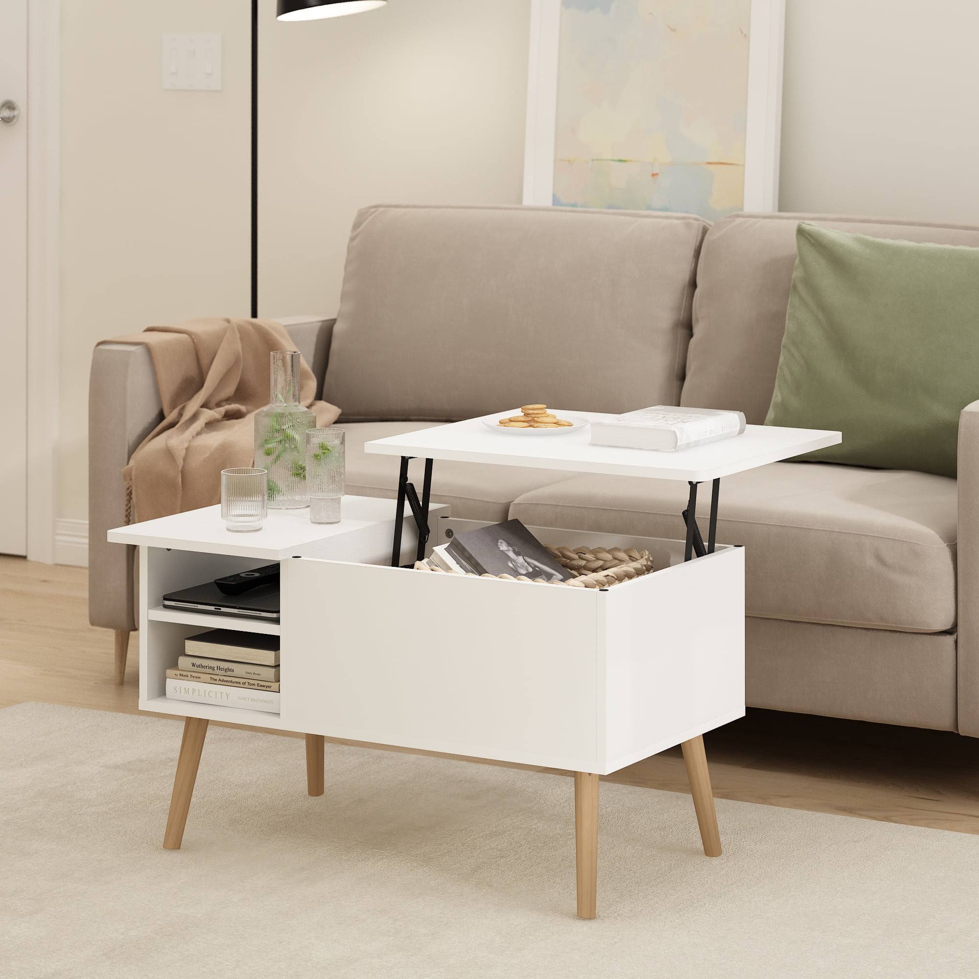 Jensen Lift Top Coffee Table With Wooden Leg, Solid White