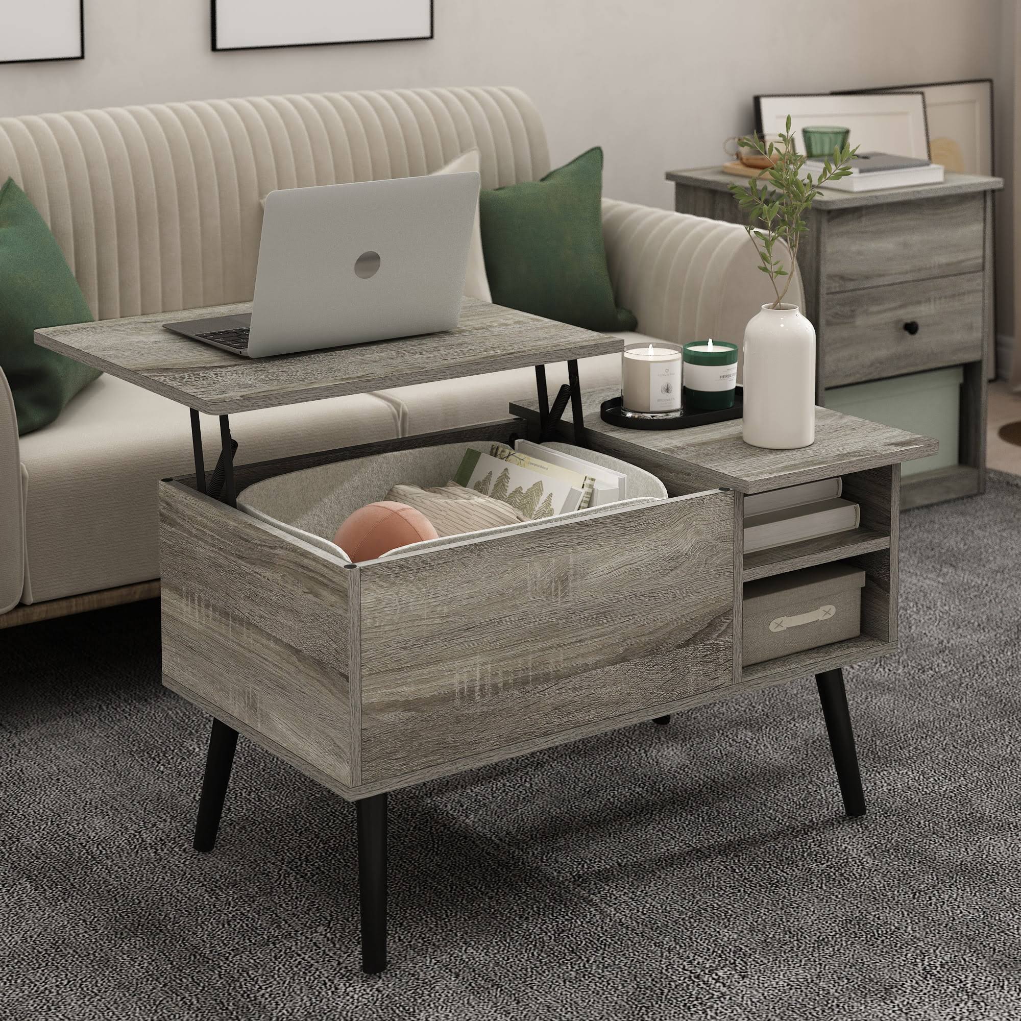 Jensen Lift Top Coffee Table With Wooden Leg, French Oak Grey