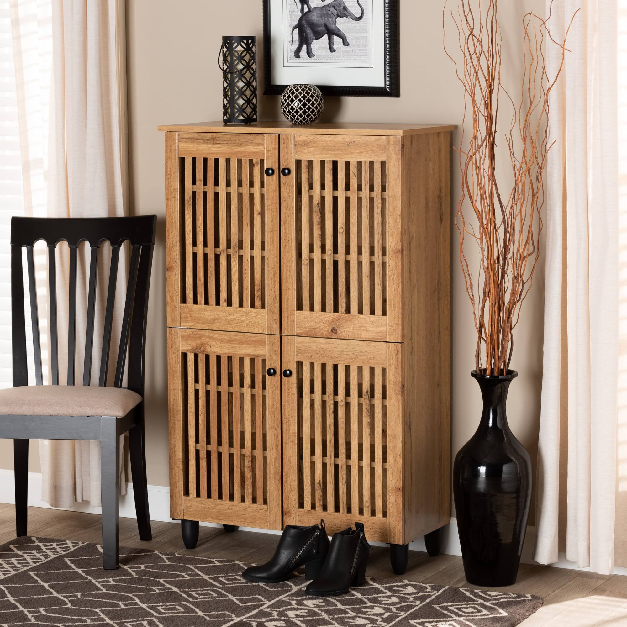 Fernanda Modern and Contemporary Oak Brown Finished Wood 4-Door Shoe Storage Cabinet