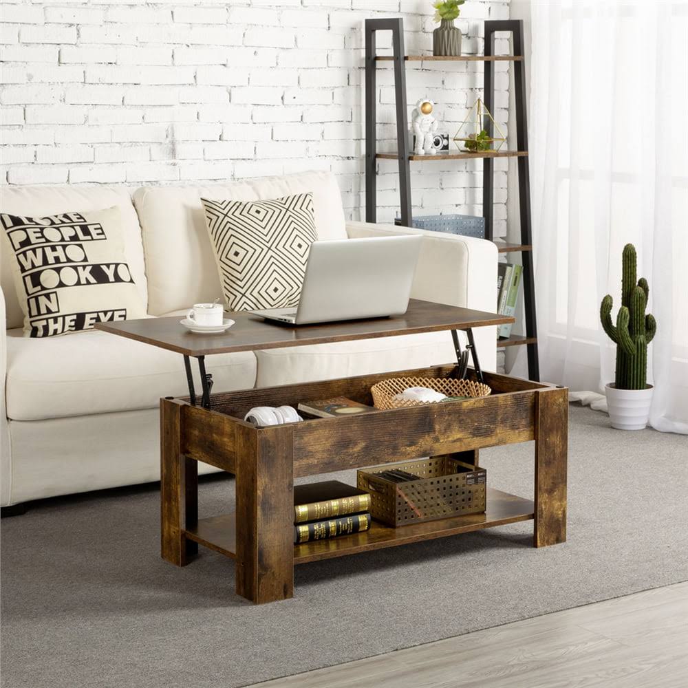 Modern 38.6  Wood Lift Top Coffee Table with Lower Shelf, Rustic Brown