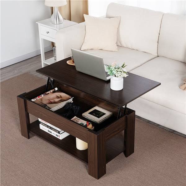 Modern 38.6  Rectangle Wooden Lift Top Coffee Table with Lower Shelf, Espresso