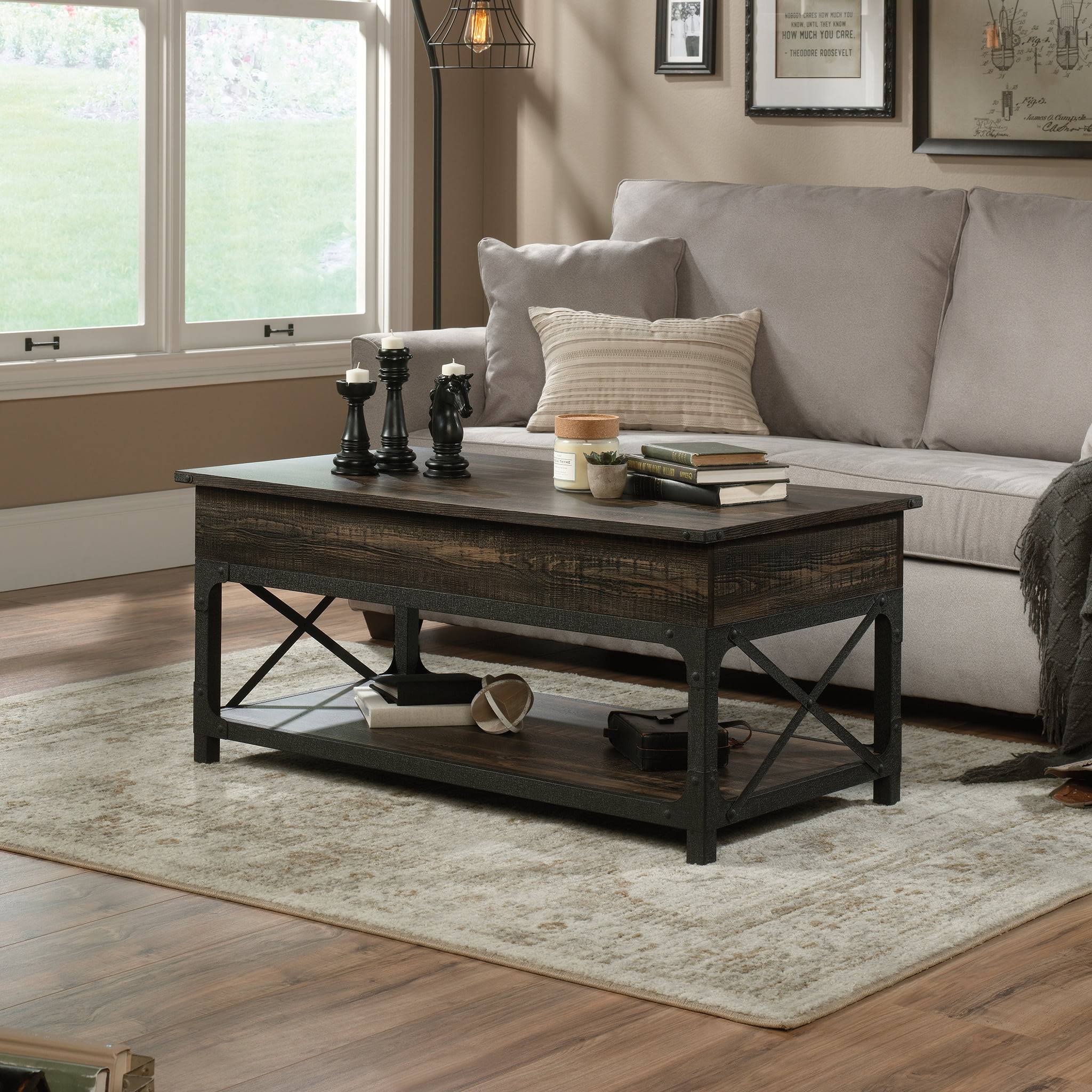 Steel River Rustic Lift Top Coffee Table with Shelf   Storage, Carbon Oak Finish