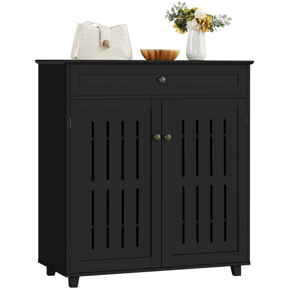 4 Tier Shoe Storage Cabinet 1 Drawer 2 Doors Black