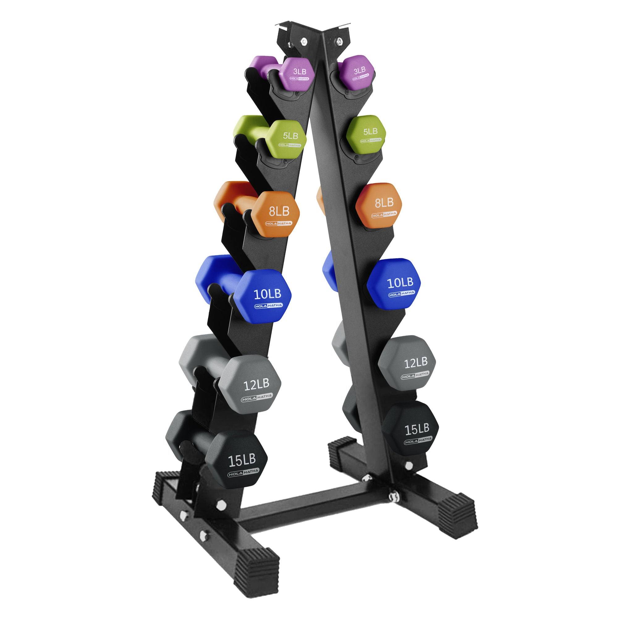3, 5, 8, 10, 12 & 15 Pound Neoprene Hex Dumbbell Weight & Storage Rack