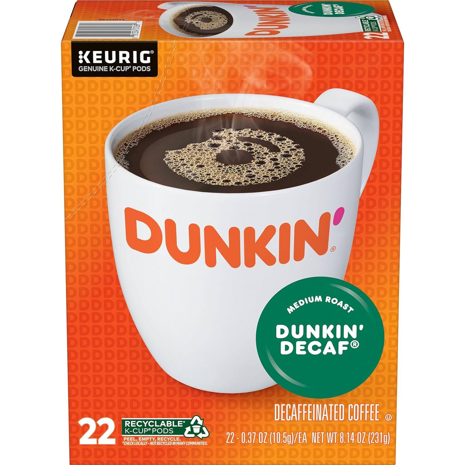 Dunkin  Decaf Medium Roast Coffee, 88 Keurig K-Cup Pods