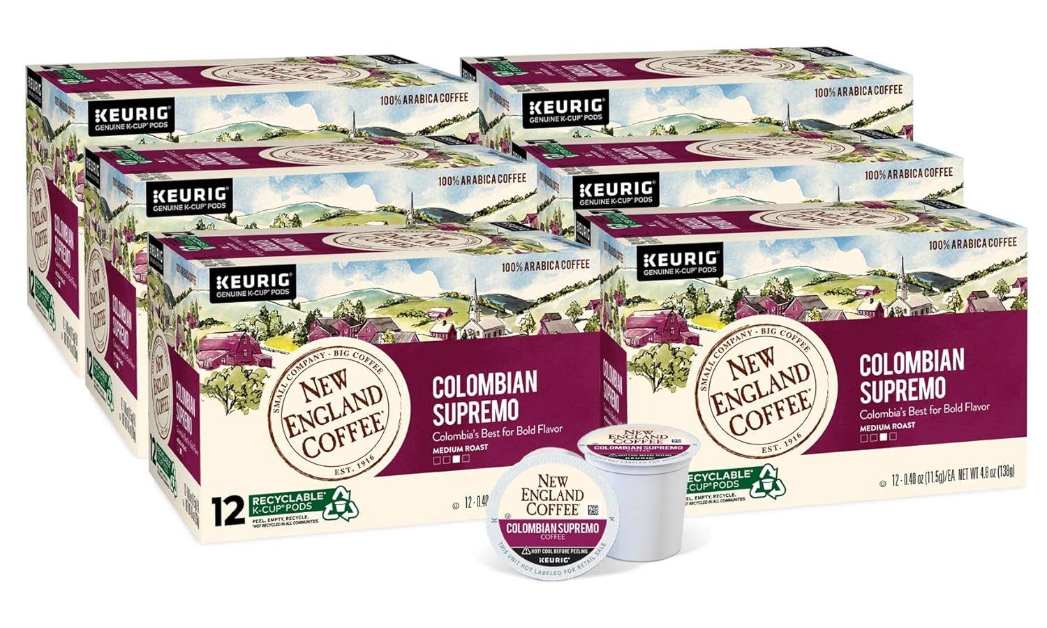 New England Coffee Colombian Supremo Medium Roast Single Serve Pods, 12ct Box (Pack of 6)