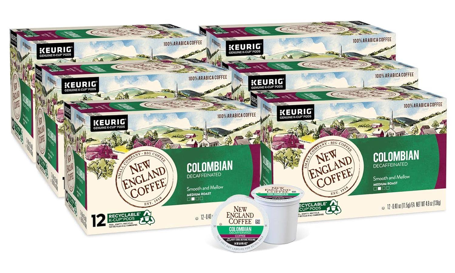 New England Coffee Colombian Decaffeinated Medium Roast Single Serve Pods, 12ct Box (Pack of 6)