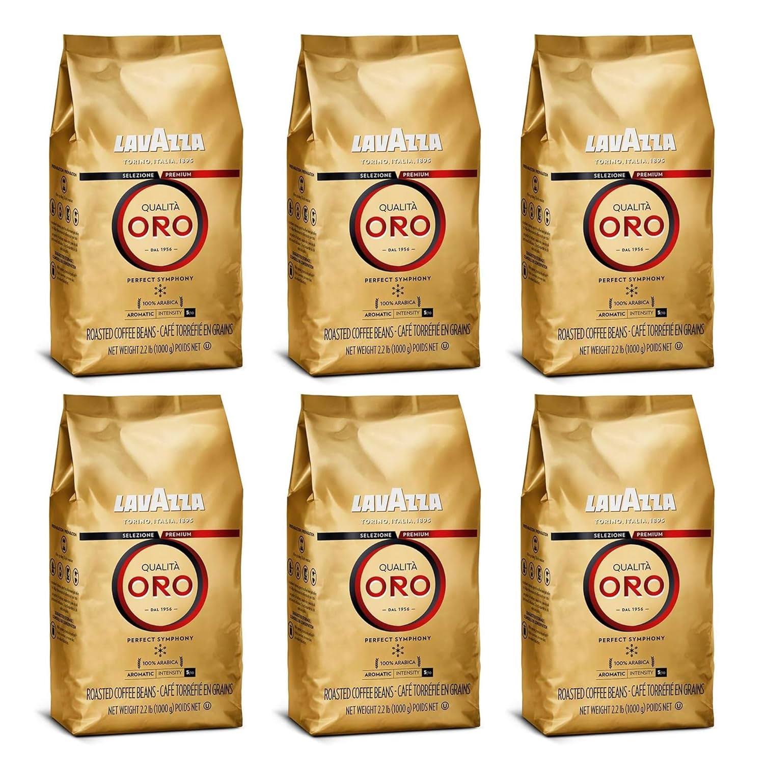 Lavazza Qualità Oro Whole Bean Coffee Blend, Medium Roast, 2.2-Pound Bag (Pack of 6) ,Full-bodied medium roast with sweet, aromatic flavor, Non-GMO, Value Pack