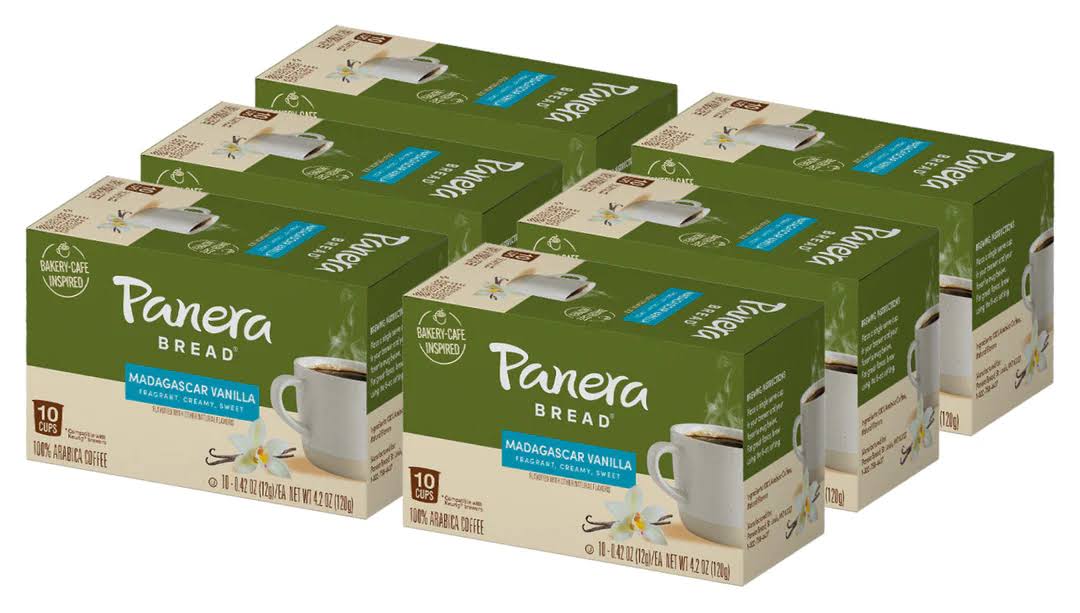 Panera Bread Madagascar Vanilla Light Roast Coffee, Single Serve 60 Count Pods (6 Packs of 10)