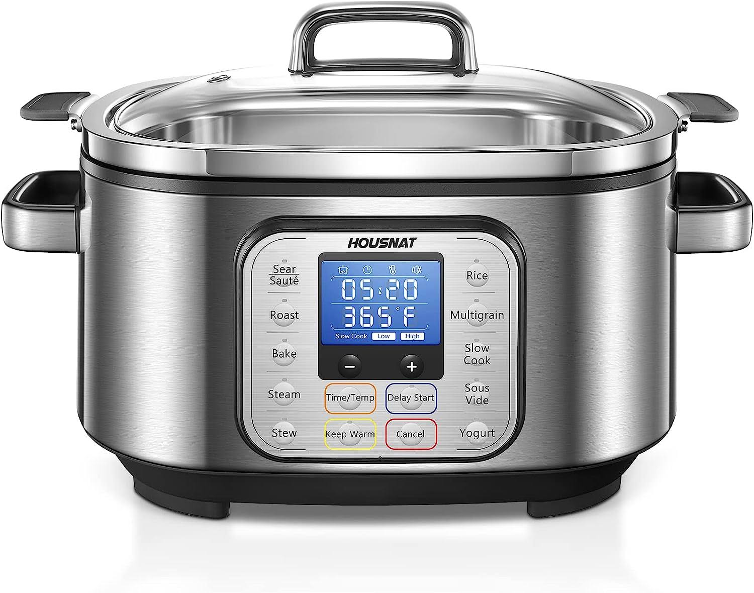 Slow Cooker, 10 in 1 Programmable Cooker, 6Qt Stainless Steel, Rice Cooker, Yogurt Maker, Delay Start, ing Rack and Glass Lid, Adjustable Temp Time for Slow Cook with Digital Timer
