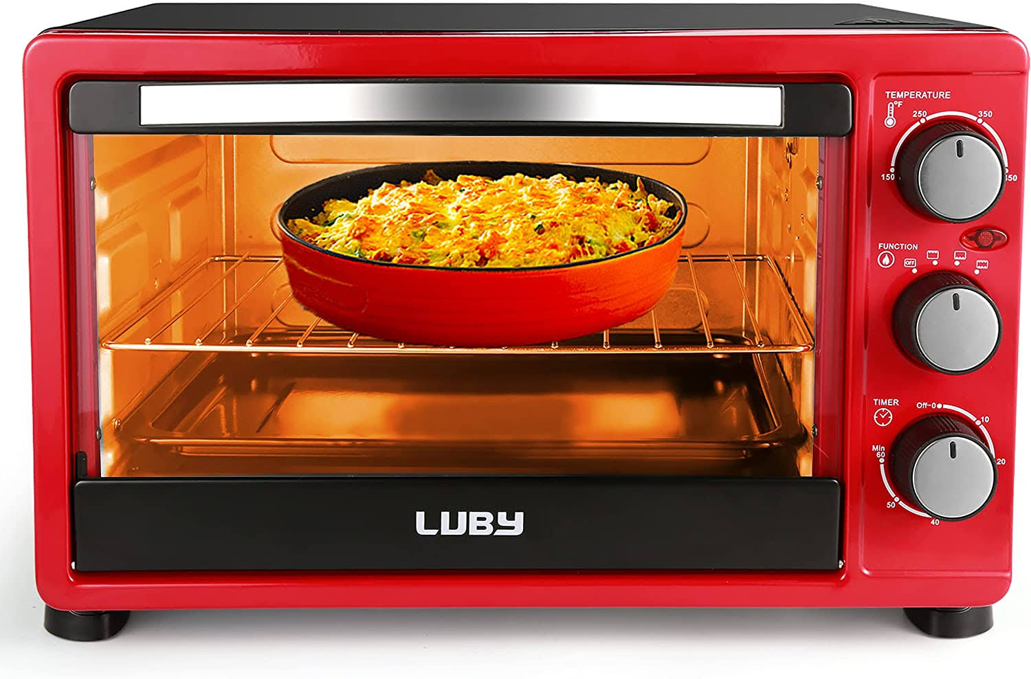 Convection Toaster Oven with Timer, Toast, Broil Settings, Includes Baking Pan, Rack and Crumb Tray, 6-Slice, Red