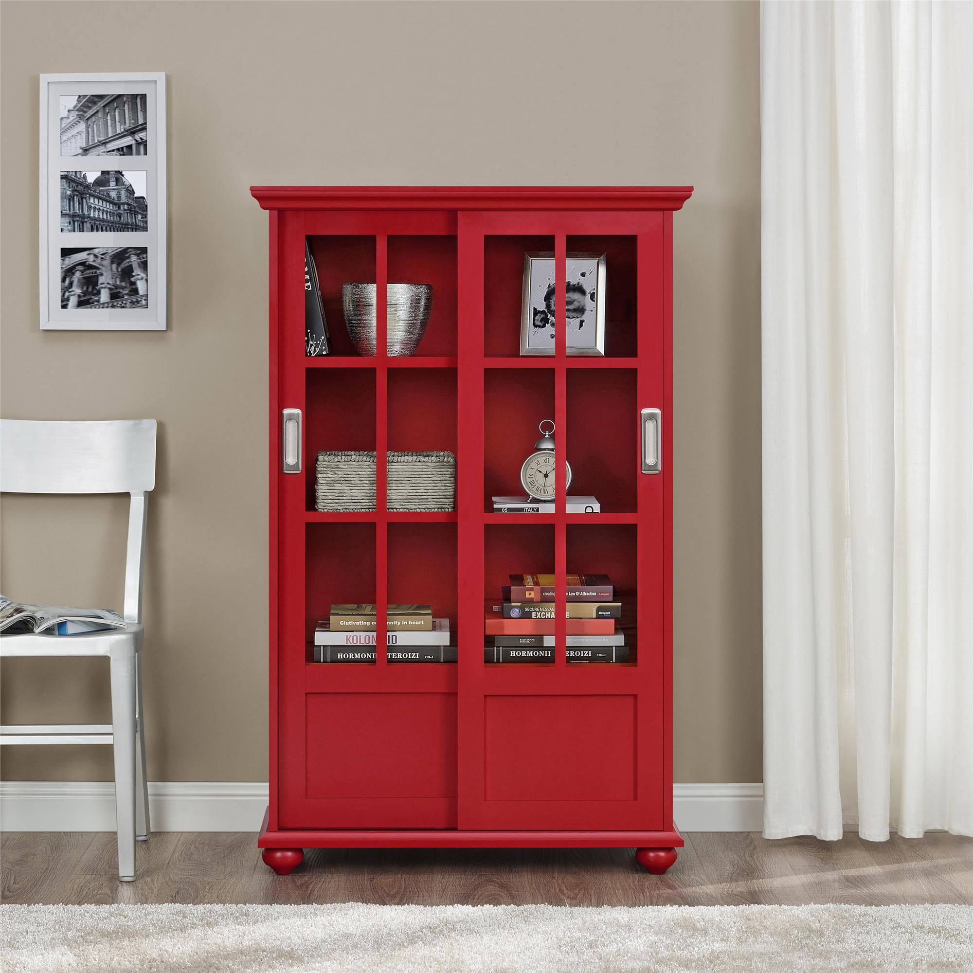 Home Arron Lane Bookcase with Sliding Glass Doors-Finish, Red