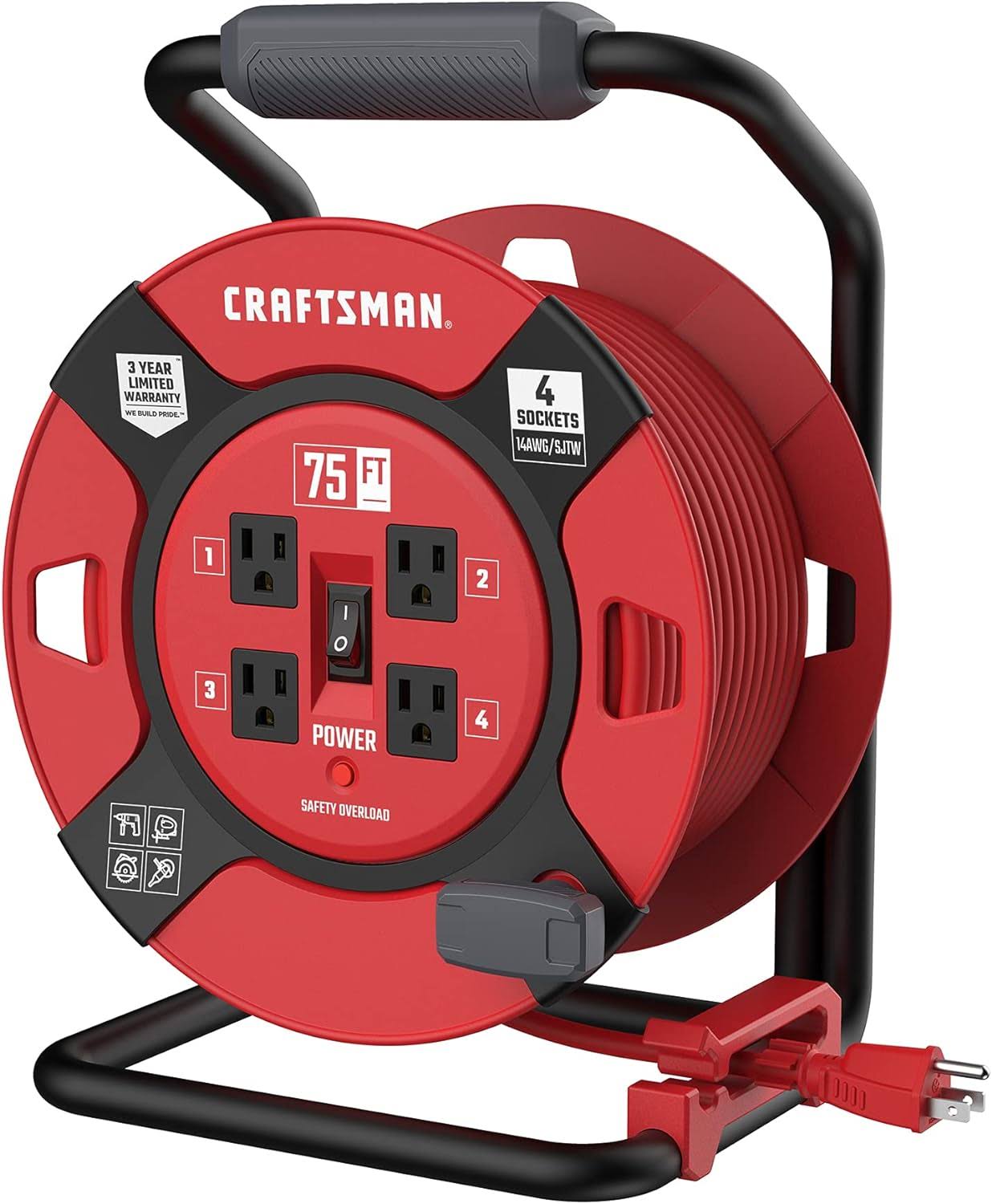 Retractable Extension Cord Reel 75 Ft. With 4 Outlets   Heavy Duty 14AWG SJTW Cable