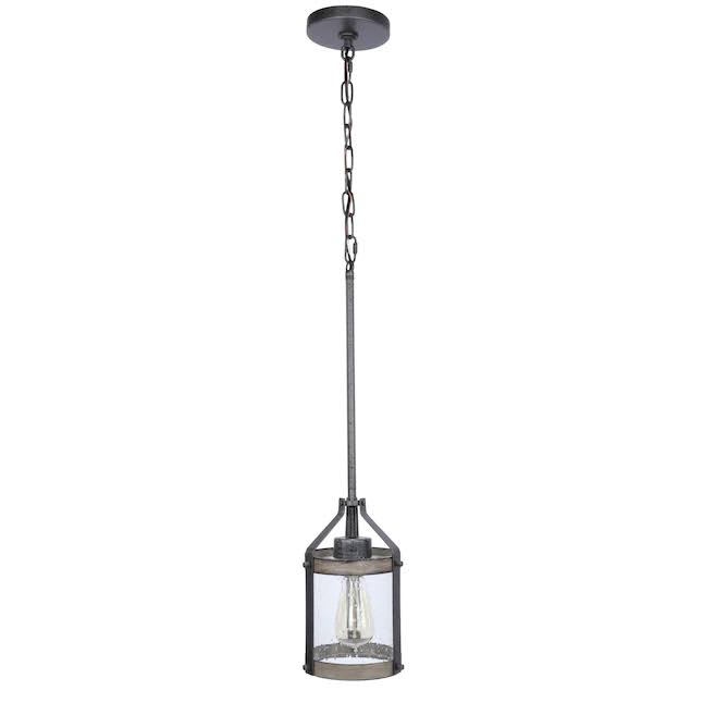 34810 Barrington Anvil Iron and Distressed Antique Grey Rustic Seeded Glass Cylinder Mini Pendant Light