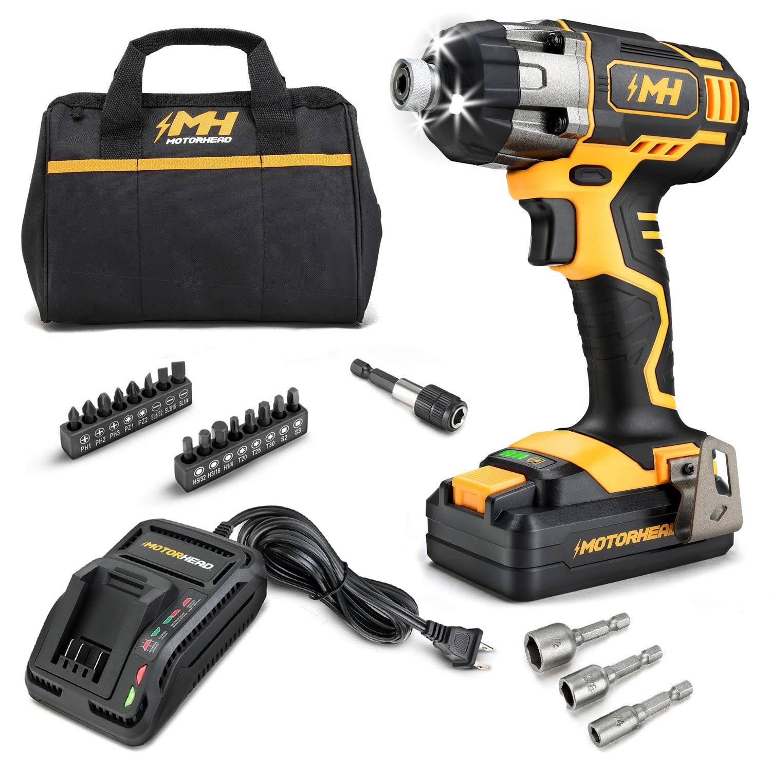 MOTORHEAD 20V ULTRA Cordless Impact Driver Kit, Lithium-Ion, ” All-Metal Hex Chuck, Tri-Beam LED, Variable Speed Trigger, 2Ah Battery   Quick Charger, Bag, 16 Accessory Bits, 3 Nut Drivers, USA-Based