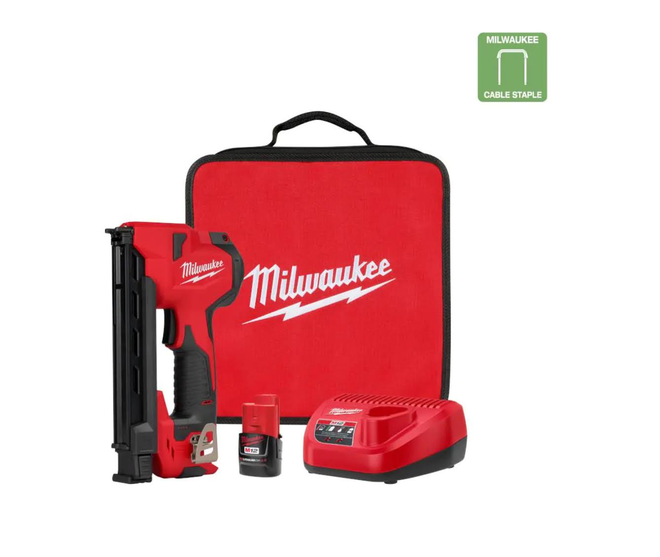 2448-21 M12 12-Volt Lithium-Ion Cordless Cable Stapler Nailer Kit with 2.0Ah Battery, Charger and Bag