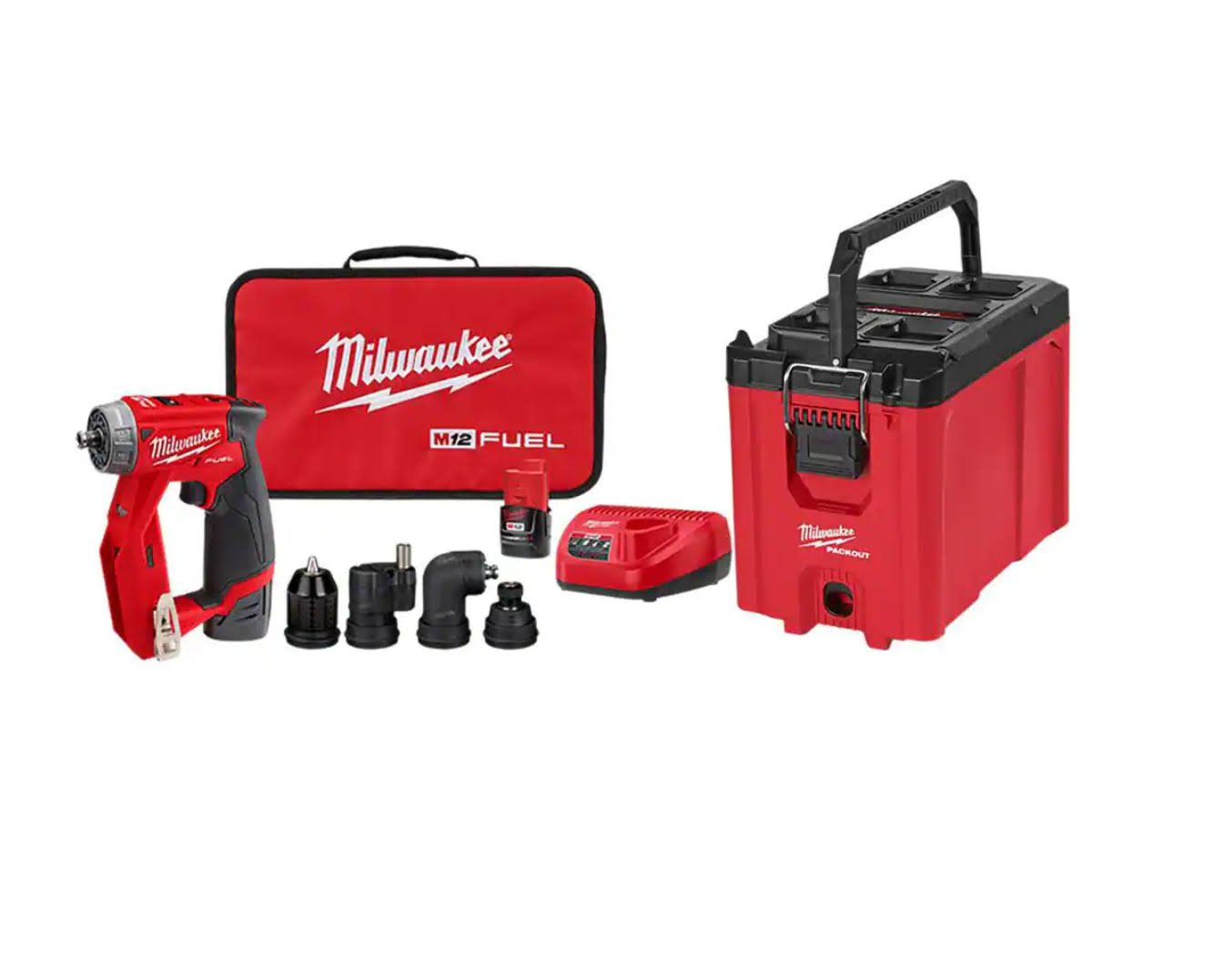 2505-22-PO M12  12V Lithium-Ion Brushless Cordless 4-in-1 Installation 3/8 in. Drill Driver Kit   4-Tool Heads W/PACKOUT