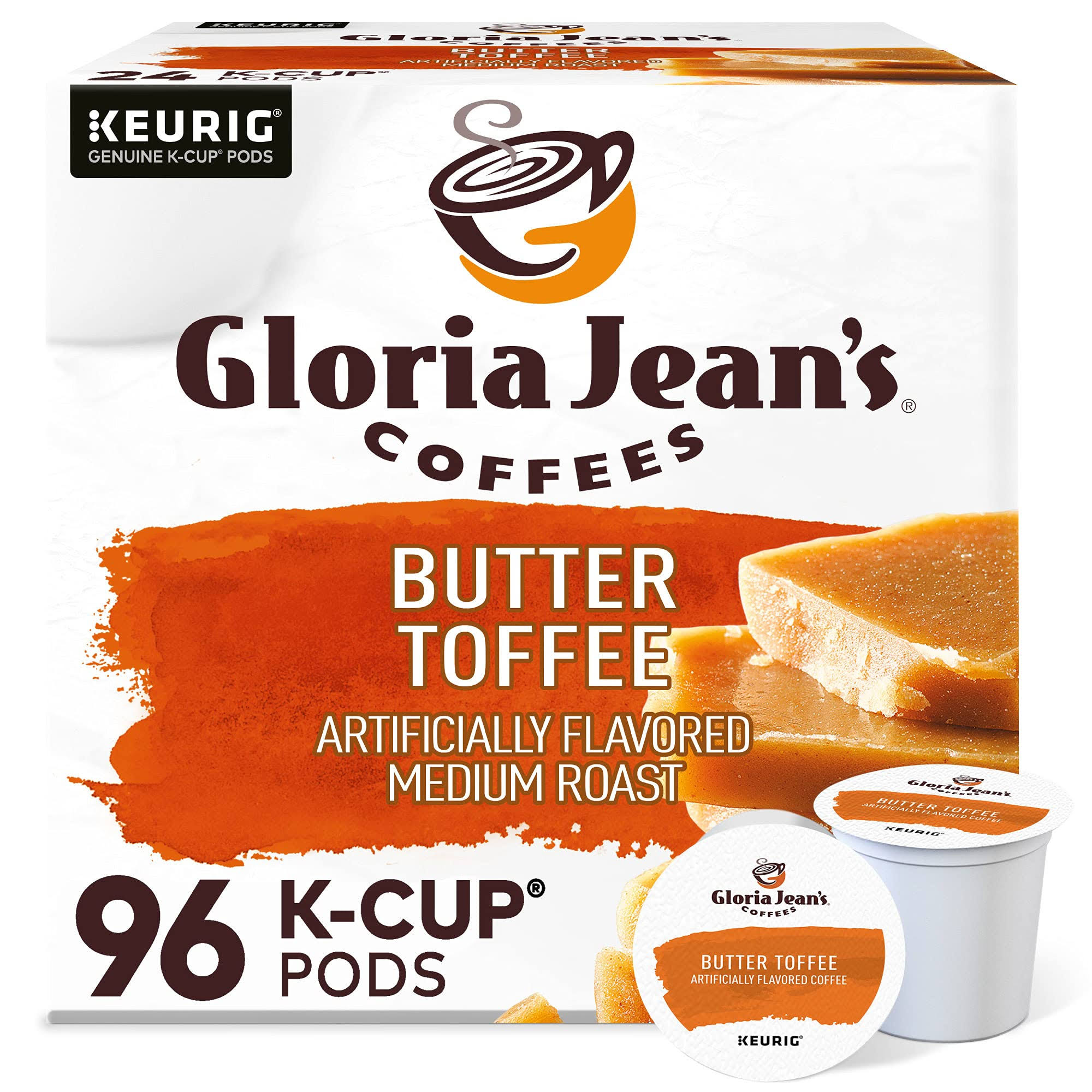 Gloria Jean s Butter Toffee,  Single-Serve K-Cup Pods, Medium Roast Coffee, 96 Count (4 Packs of 24)