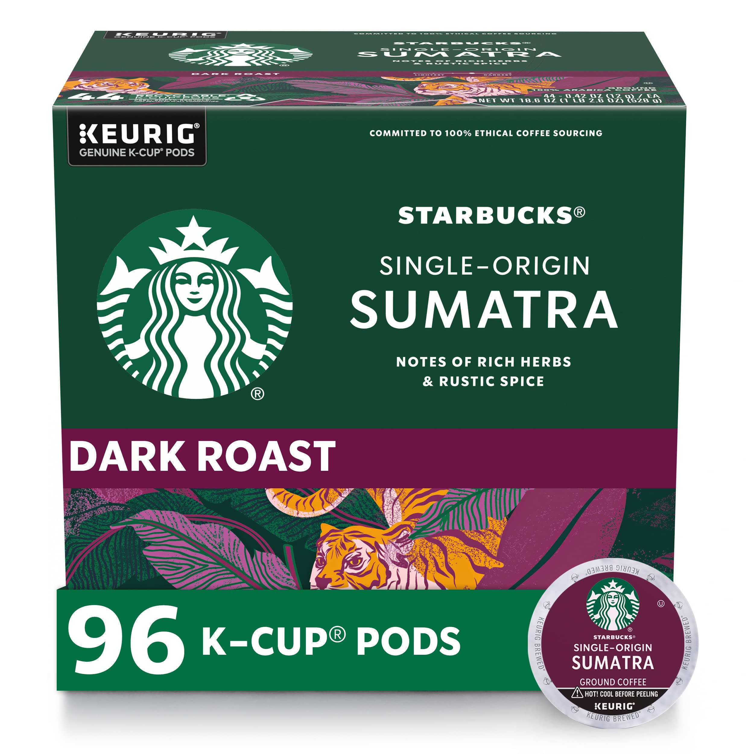 Starbucks K-Cup Coffee Pods, Dark Roast Coffee, Sumatra for  Brewers, 4 boxes (96 pods total)